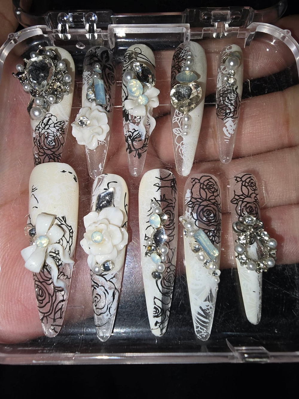 White Floral 3D Embellished Stiletto Press-On Nails - Women Makeup